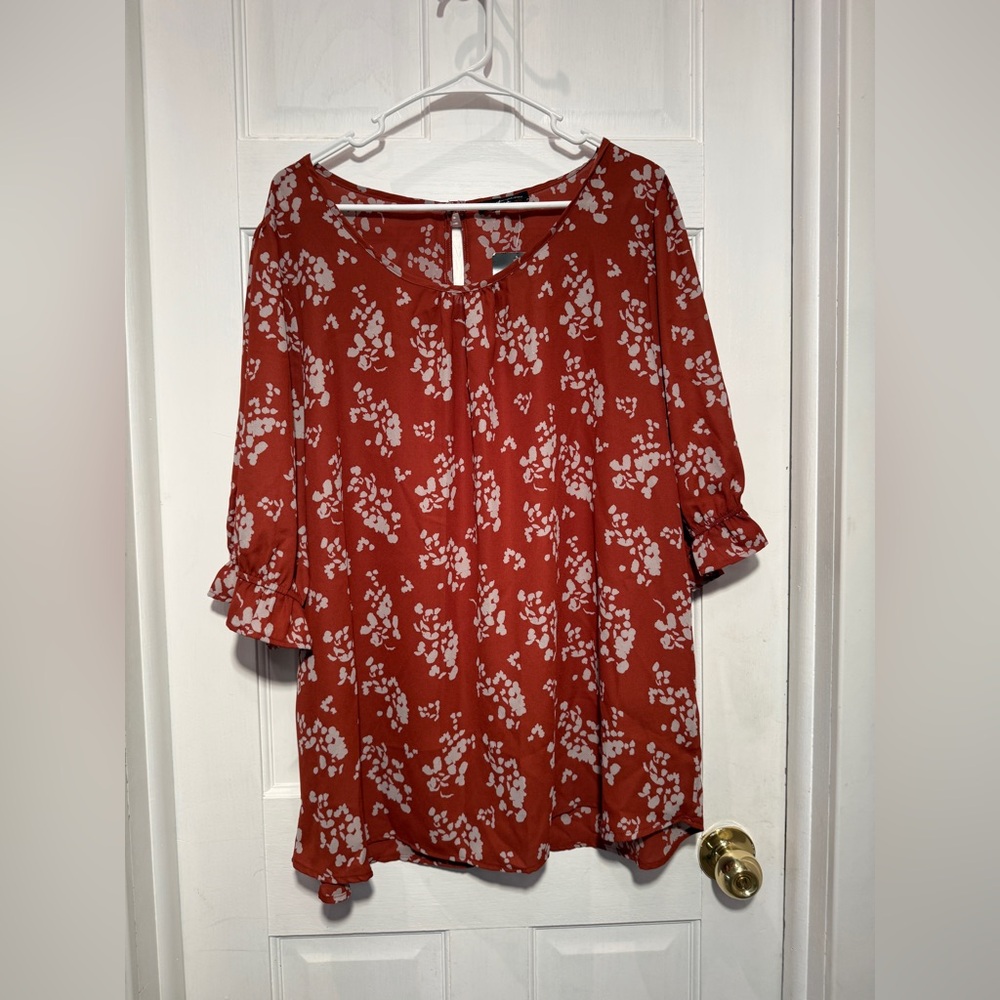 Tua Plus 3XL Rust Floral Blouse Scoop Neck Flowy Boho Plus Size Top - Picture 2 of 14